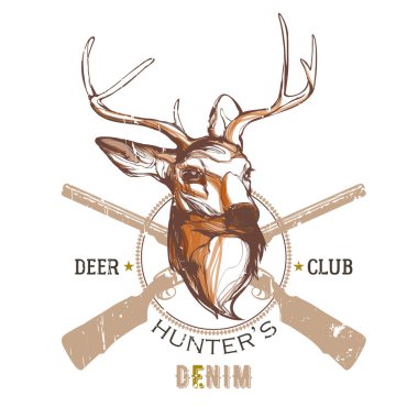 Geyik kafası ve silahlar. Geyik avcıları amblemi. Vektör vintage çizimi