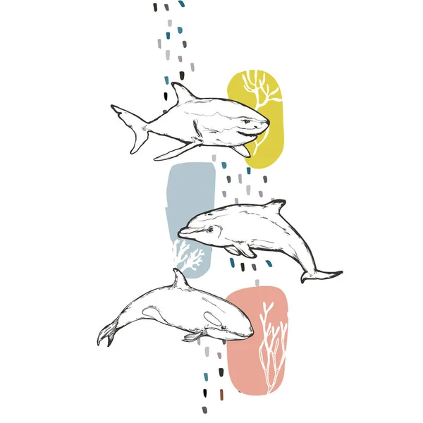 Späckhuggare, haj och delfin med koraller — Stock vektor