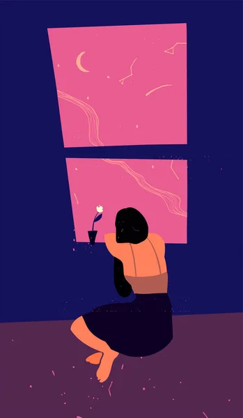 La ragazza sognante guarda le stelle. Concetto di calma e tranquillità — Vettoriale Stock
