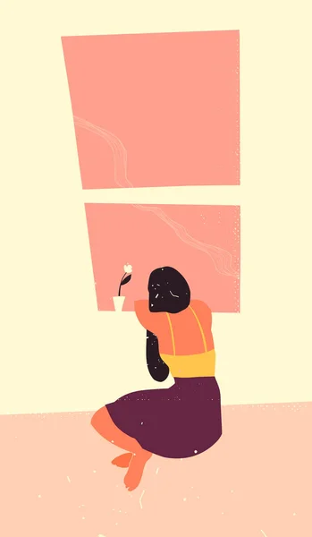 Одинокая девушка сидит на полу и смотрит в окно — стоковый вектор