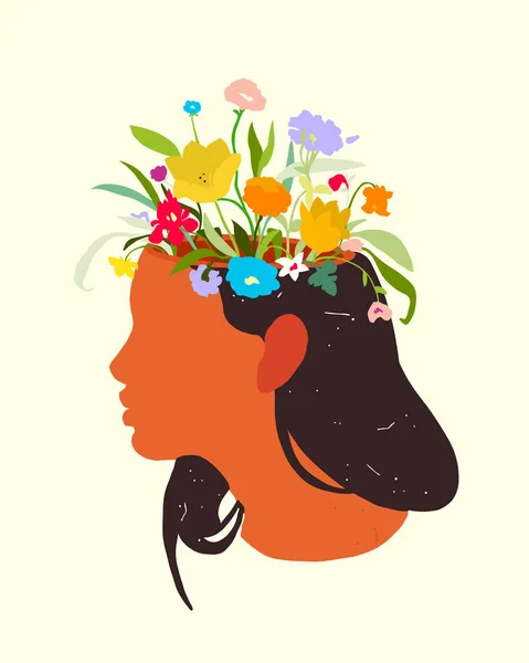 Perfil femenino con flores de flor en la cabeza — Vector de stock