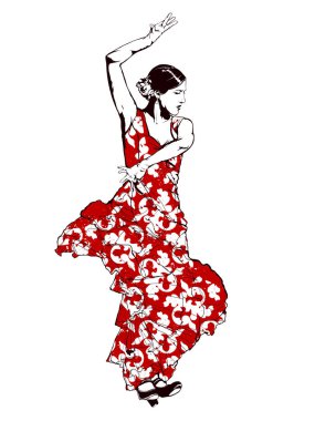 Kırmızı elbiseli İspanyol kız flamenko dansı yapıyor.