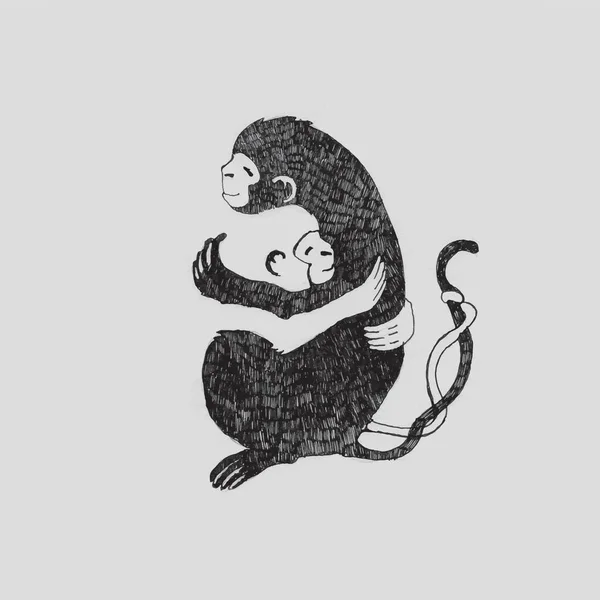 Twee apen knuffelen, de inkt tekening kunst — Stockvector