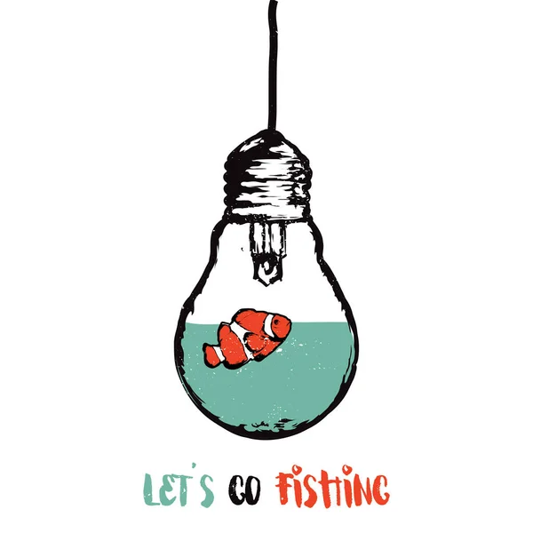 Ampoule et poisson dessin à la main lable — Image vectorielle