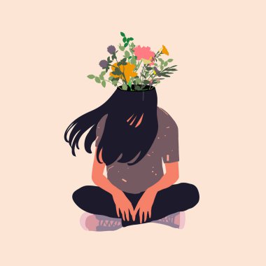 Kafasında çiçeklerle lotus pozisyonunda oturan kız.