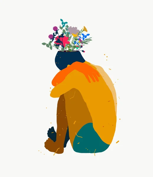 Joven triste sentado en el suelo con flores en la cabeza — Vector de stock