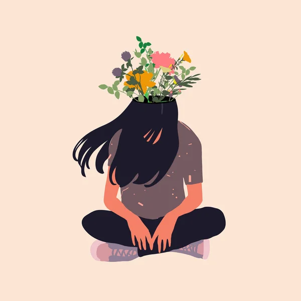 Ragazza seduta in posizione di loto con fiori di fiori in testa — Vettoriale Stock