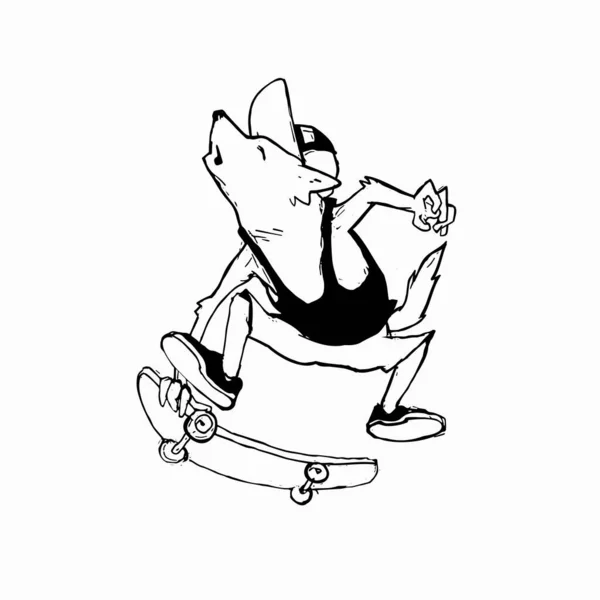 Cartoon loup patiner sur la planche. Illustration vectorielle pour impressions et autocollants Vecteur En Vente