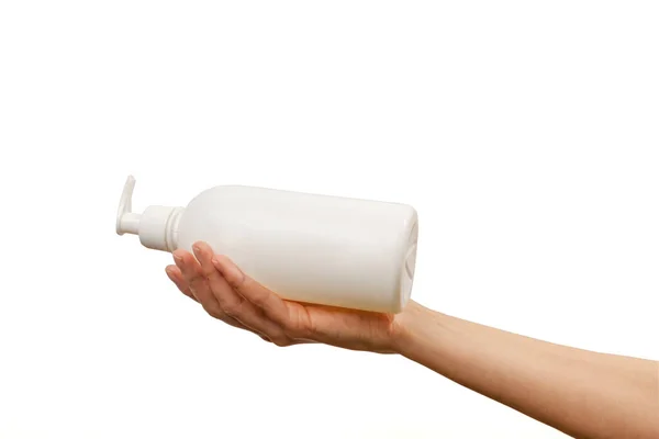 Hands Holding White Plastic Bottle — Stok fotoğraf