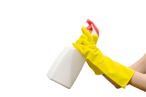 Hand Yellow Houshold Glove Holding White Bottle — Stock Photo, Image