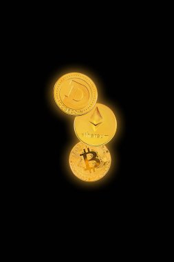 Siyah, Eter, Bitcoin ve Dogecoin üzerine izole kripto paralar