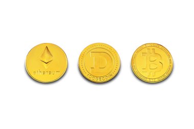 Beyaz, Ethereum, Bitcoin ve Dogecoin üzerinde izole kripto para sikkeleri