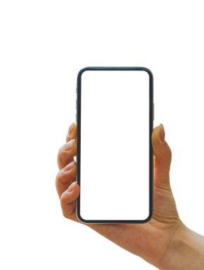 Elde izole akıllı telefon, beyaz arka planda, png