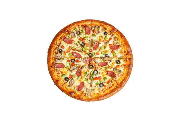 Odizolowana Pizza Białym Zdjęcia Lotnicze — Zdjęcie stockowe