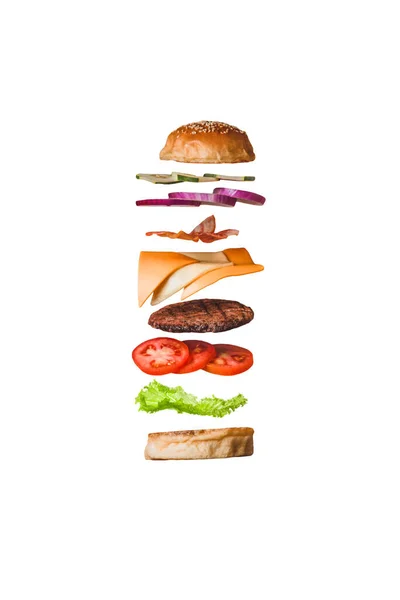 Deliciosa Hamburguesa Hamburguesa Con Ingredientes Voladores Aislados Blanco Png Imagen De Stock