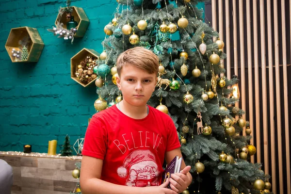 Jovem Rapaz Camisola Vermelha Ano Novo Com Livro Pela Árvore — Fotografia de Stock