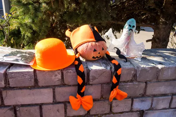 Pomarańczowy Kapelusz Kapelusz Wikingów Dynią Duchem Halloween — Zdjęcie stockowe