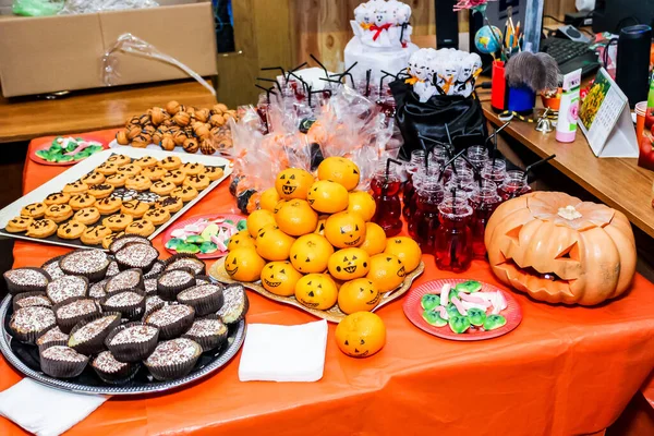 Festive Treats Children Cookies Lollipops Juices Tangerines Muffins Jelly Candies — Stock Photo, Image