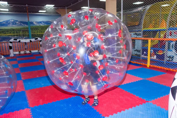 Children Boys Children Center Play Football While Sitting Huge Inflatable — Stockfoto