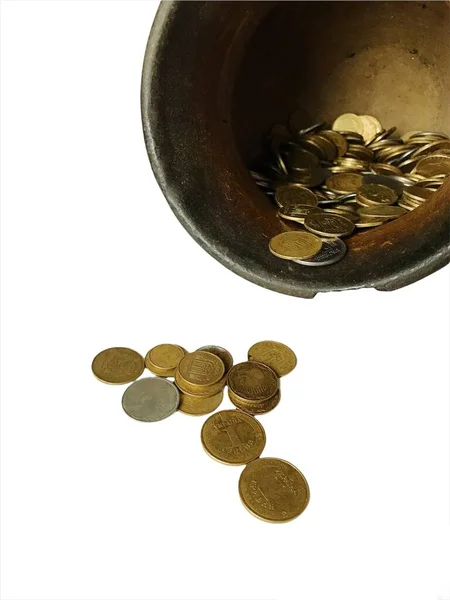 Una Jarra Vieja Volcada Cual Las Monedas Ucranianas Volaron — Foto de Stock