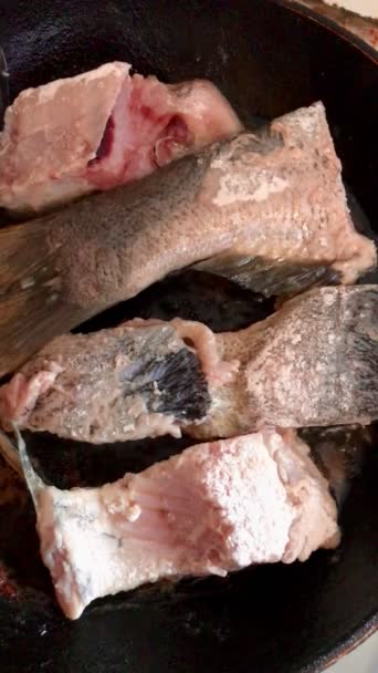 河鱼块是在一个旧煎锅里烤的 — 图库视频影像