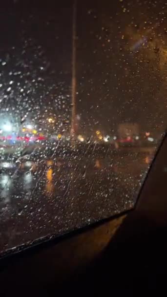 Raindrops Fall Car Window Car Headlights Shine Evening — Stock Video