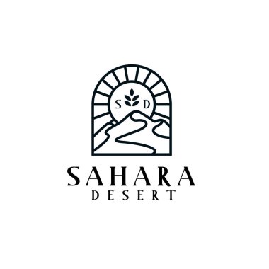 Outline Sahara desert logo with sun and leaf. Bohemian Sahara desert logo