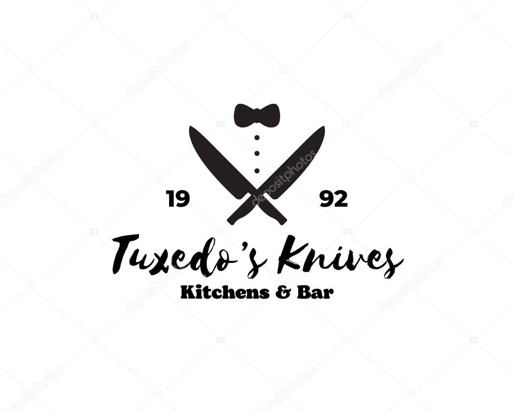 two knives with tuxedo suit. Restaurant logo. Chef cutlery logo design template