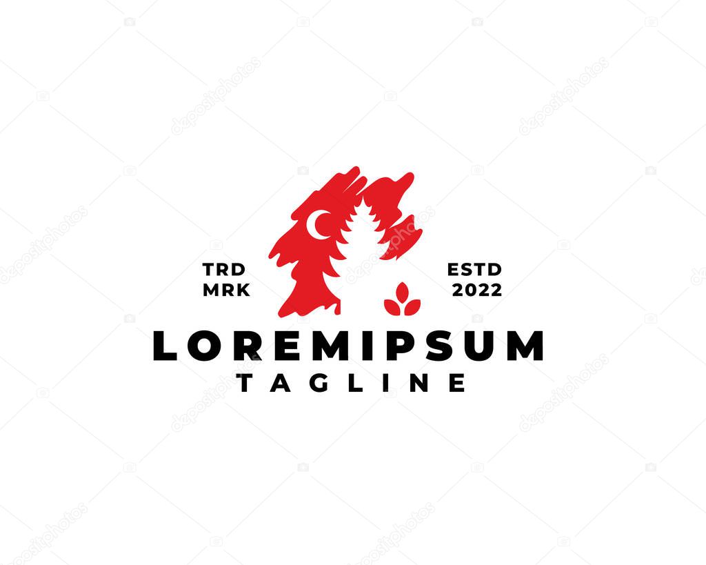 Temple silhouette logo with moon and three leaves. Vector illustration
