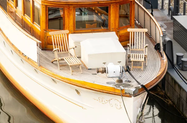 Two Wooden Armchairs Stand Front Deck Small Moored Ship — Foto de Stock