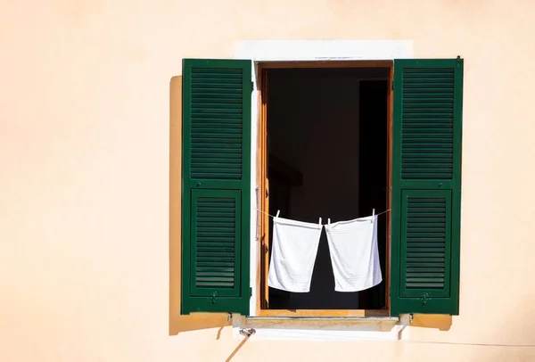 Two White Towels Hang Rope Open Window Green Shutters — Stock Photo, Image