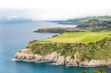 Yeşil eğimli tarlaları olan okyanus kıyısından güzel bir manzara yaklaşan fırtınanın arka planında sarp kayalıklar.
