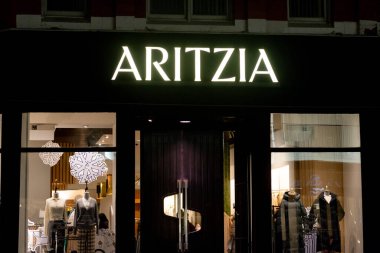 Toronto, ON, Canada  January 2, 2022   View at the Aritzia store sign at the Bloor-Yorkville Business Area in Toronto, Ontario, Canada. Aritzia Inc. is a Canadian women's fashion brand.
