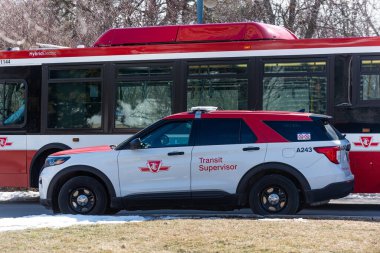 Toronto, ON, Canada  March 01, 2021: The sign of Toronto Transit Commission   transport company in Downtown Toronto. The TTC is the operator of public transport like streetcars, buses, and subway in the city