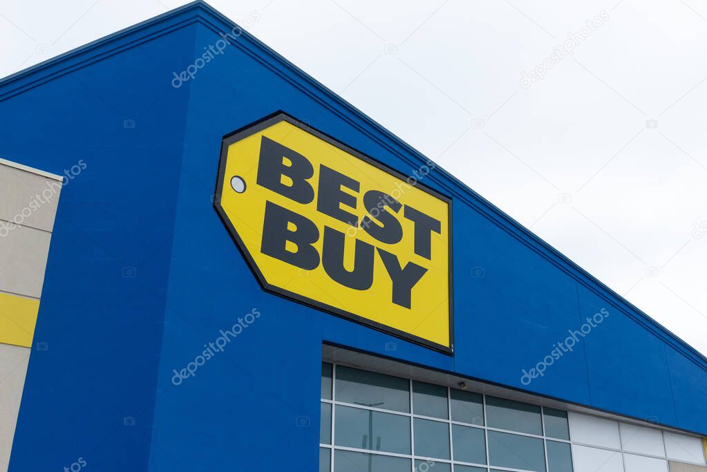 Toronto, ON, Canada  January 2, 2022  View at Best Buy store sign in Toronto. Best Buy is an American multinational consumer electronics corporation