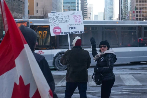 Toronto, ON, Kanada 05 Şubat 2022: Göstericiler, Covid aşısının görev ve kısıtlamalarını protesto etmek için Toronto şehir merkezinde toplandılar.