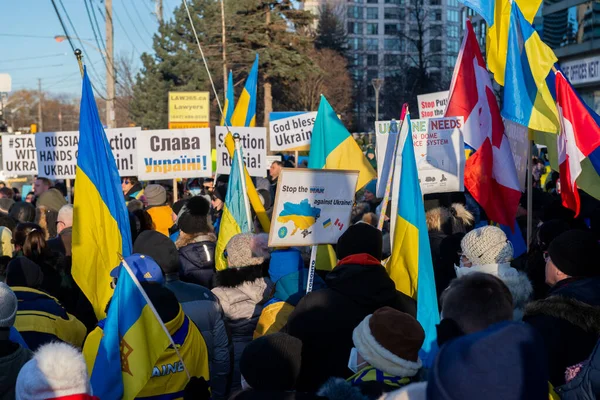 Toronto Kanada Februari 2022 Protestanter Med Banderoller Och Ukrainska Flaggor — Gratis stockfoto