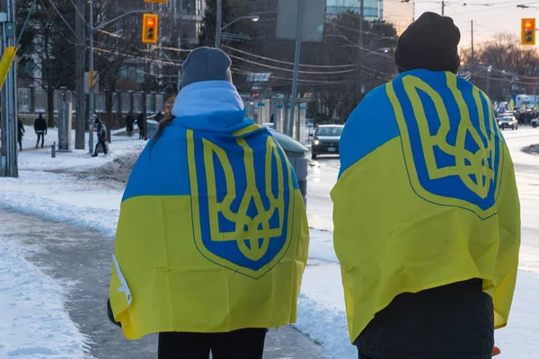 Toronto Canadá Febrero 2022 Manifestantes Con Pancartas Banderas Ucranianas Cerca — Foto de stock gratis