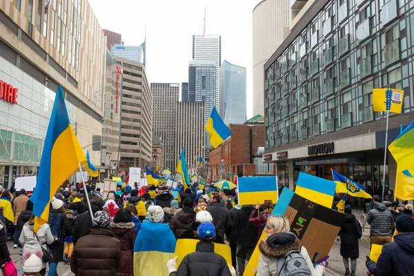 Toronto Ontario Kanada Února 2022 Protestující Prapory Ukrajinskými Vlajkami Náměstí — Stock fotografie