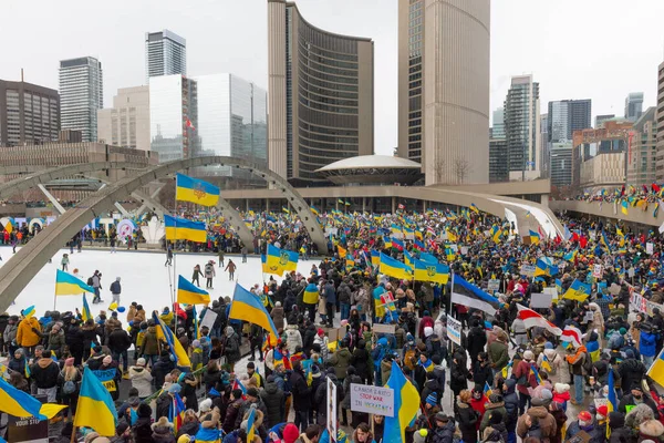 Toronto Ontario Kanada Února 2022 Protestující Prapory Ukrajinskými Vlajkami Náměstí — Stock fotografie
