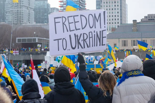 Toronto Ontario Kanada Února 2022 Protestující Prapory Ukrajinskými Vlajkami Náměstí — Stock fotografie