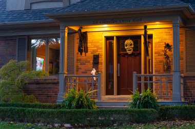 Evening view of a beautiful Halloween decorated house in Toronto, Canada.