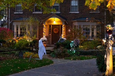 Evening view of a beautiful Halloween decorated house in Toronto, Canada.