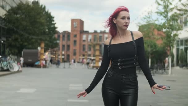 Beautiful Red Haired Girl Wearing Leather Trousers Belts Black Top — Stock Video