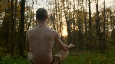 Sonbahar ormanının ortasında meditasyon yapan bir adam. Yeşil çimenli zemin ağaçtan düşen yapraklarla kaplıdır. Sonbahar mevsimi geldi. Serin havada açık hava sağlık egzersizi.