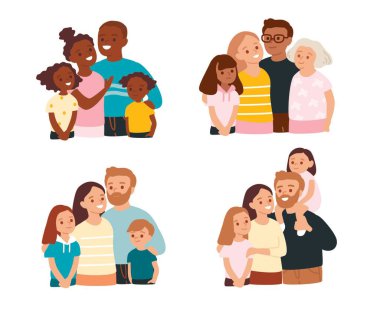 Aile seti, koleksiyon, tomar tomar. Afro-Amerikan ve beyaz ailelerin küçük çocuklu portreleri. Mutlu çok ırklı, çok kültürlü bir aile. Düz tasarım.