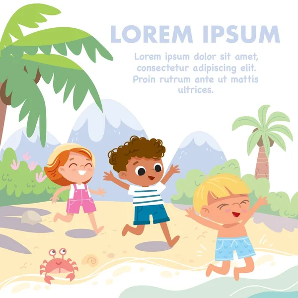 아이들은 바다에서 야자나무를 배경으로 수영을 일러스트 즐거운 여름휴가 휴양지 해변에서 — 스톡 벡터