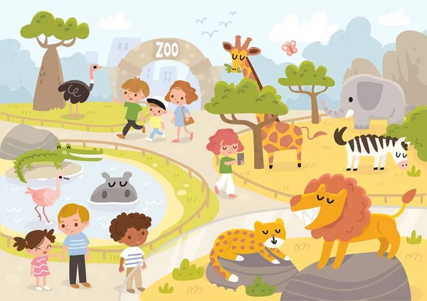 Сім Маленькими Дітьми Ходять Зоопарку Щоб Побачити Тварин Подорож Зоопарком Стоковий вектор
