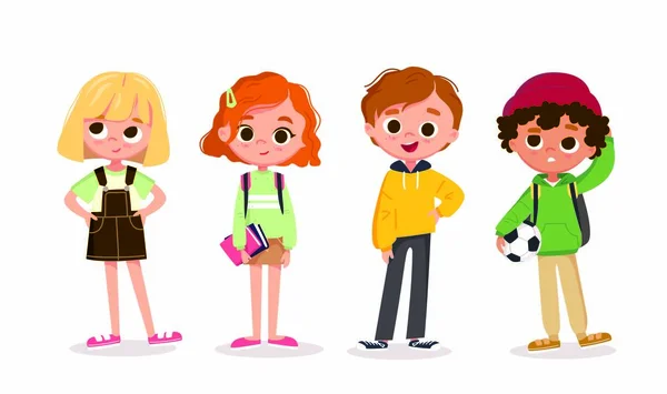 带学校用品的一组学生 带着书本和背包的学生 一组幼稚园的孩子们有着不同的姿势 衣服和穿着 儿童时装模特 儿童服装 — 图库矢量图片