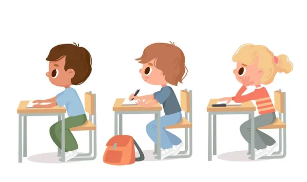 Lkokul Öğrencileri Sıra Sıra Dizilmiş Sıralarda Sınıflarda Oturarak Ders Çalışırlar — Stok Vektör